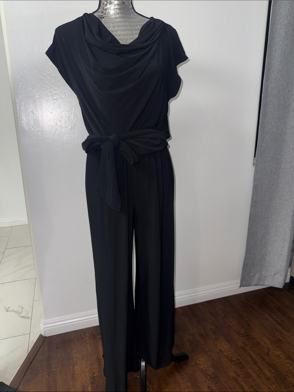 Chico's Black Draped Cowl-Neck Wide-Leg Jumpsuit with Tie Belt